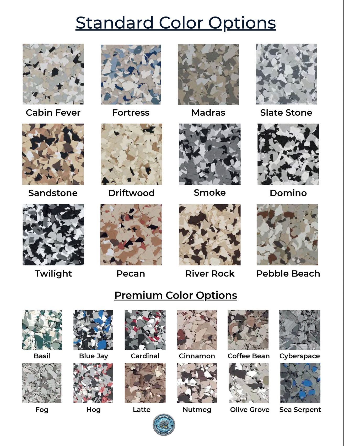 Brochure page 4: Standard and premium flake color options